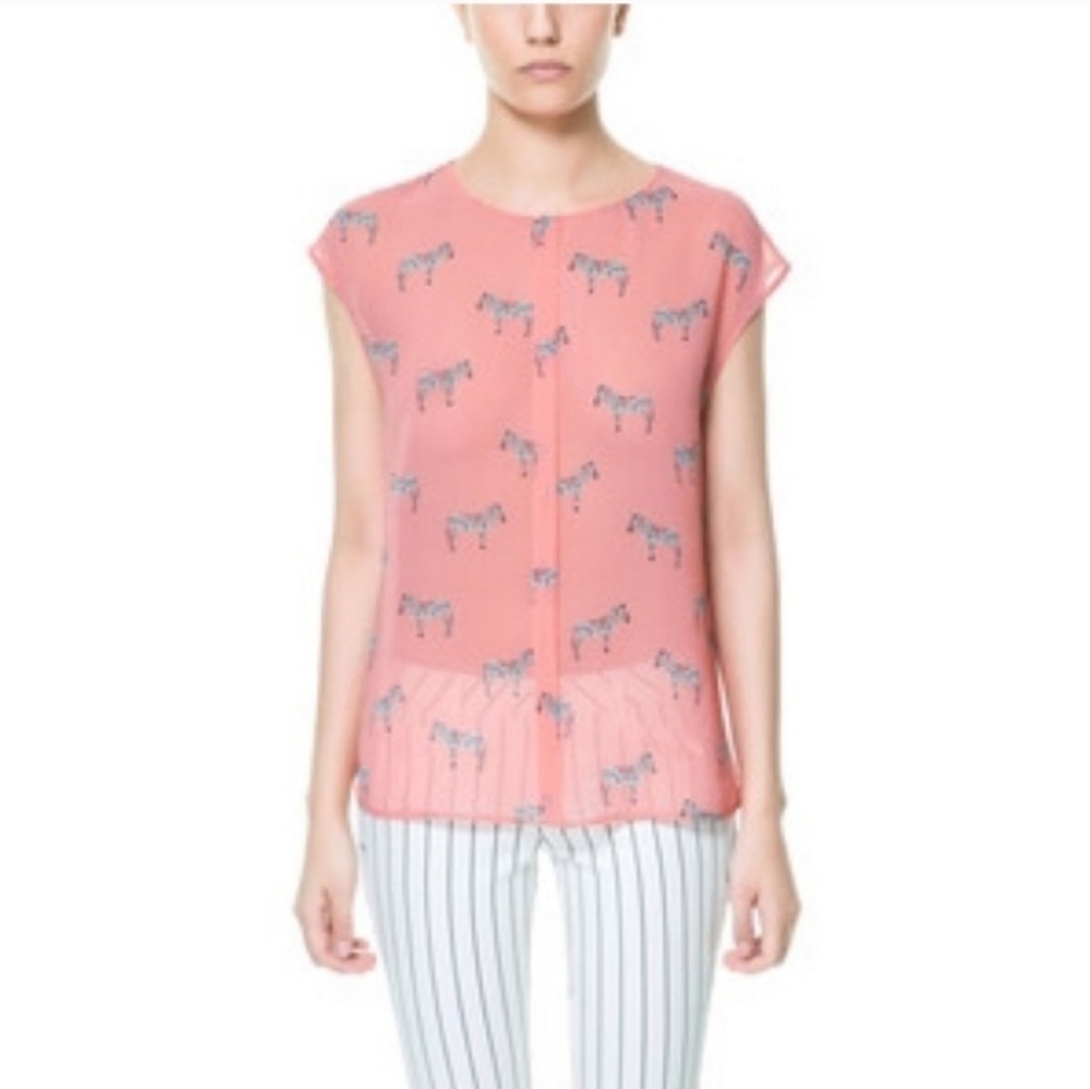 Zara Trafaluc Sheer Pink Zebra Print Blouse